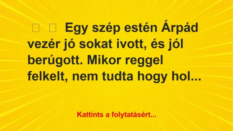 Vicc:
Egy szép estén Árpád vezér jó sokat ivott, és jól berúgott…. Vicc:
Egy szép estén Árpád vezér jó sokat ivott, és jól berúgott….