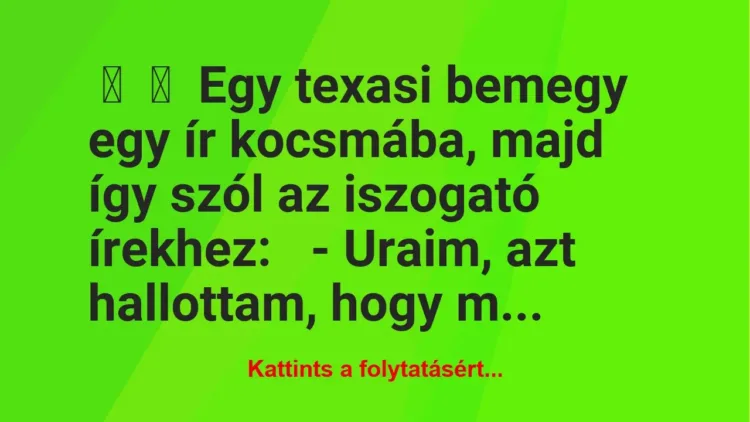 Vicc:
Egy texasi bemegy egy ír kocsmába, majd így szól az… Vicc:
Egy texasi bemegy egy ír kocsmába, majd így szól az…