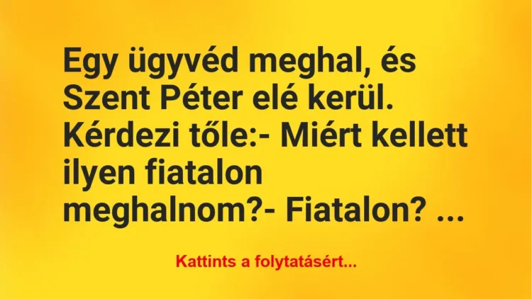 Vicc: Egy ügyvéd meghal, és Szent Péter elé kerül. Kérdezi tőle:
-… Vicc: Egy ügyvéd meghal, és Szent Péter elé kerül. Kérdezi tőle:
-…