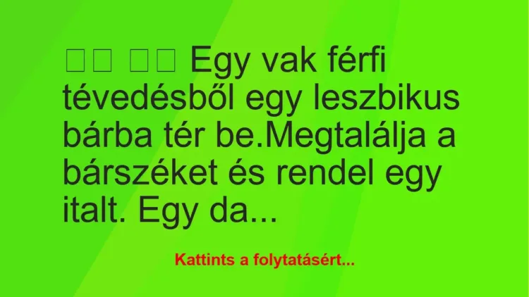 Vicc:
Egy vak férfi tévedésből egy leszbikus bárba tér … Vicc:
Egy vak férfi tévedésből egy leszbikus bárba tér …