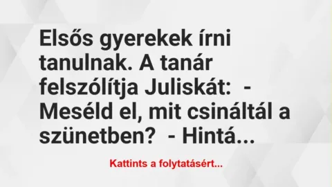 Vicc: Elsős gyerekek írni tanulnak. A tanár felszólítja Juliskát:

-…