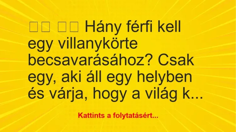 Vicc:
Hány férfi kell egy villanykörte becsavarásához? … Vicc:
Hány férfi kell egy villanykörte becsavarásához? …