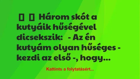 Vicc: 
	    	    Három skót a kutyáik hűségével dicsekszik:


– Az én…