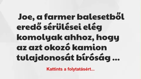 Vicc: Joe, a farmer balesetből eredő sérülései elég komolyak ahhoz, hogy az…