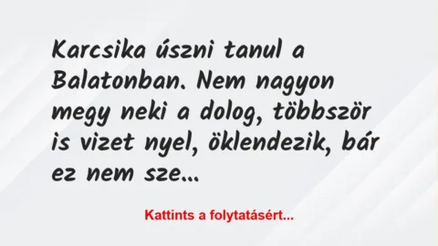 Vicc: Karcsika úszni tanul a Balatonban. Nem nagyon megy neki a dolog,… Vicc: Karcsika úszni tanul a Balatonban. Nem nagyon megy neki a dolog,…