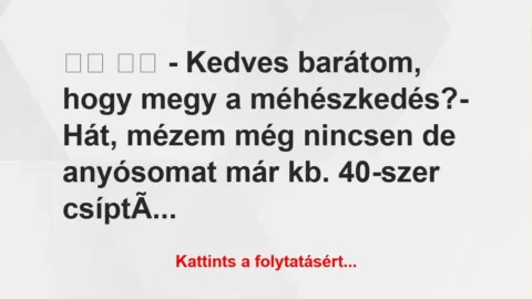 Vicc:
– Kedves barátom, hogy megy a méhészkedés?-… Vicc:
– Kedves barátom, hogy megy a méhészkedés?-…