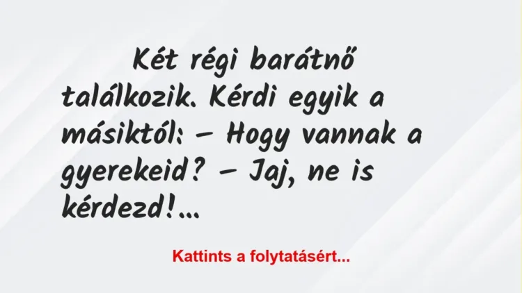 Vicc: Két régi barátnő találkozik. Kérdi egyik a másiktól Vicc: Két régi barátnő találkozik. Kérdi egyik a másiktól