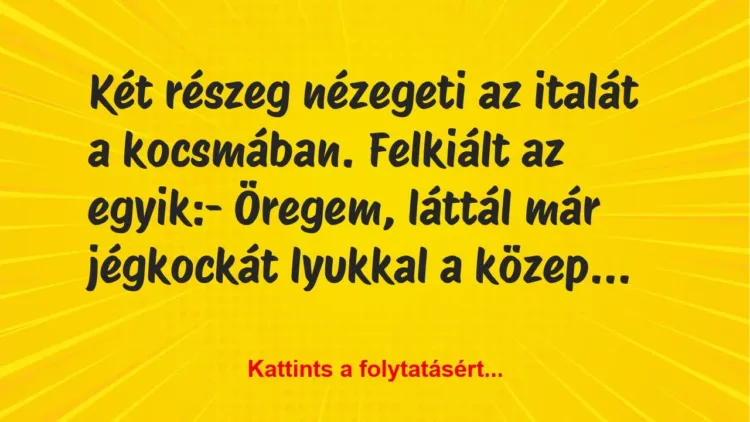 Vicc: Két részeg nézegeti az italát a kocsmában. Felkiált az egyik:
-… Vicc: Két részeg nézegeti az italát a kocsmában. Felkiált az egyik:
-…