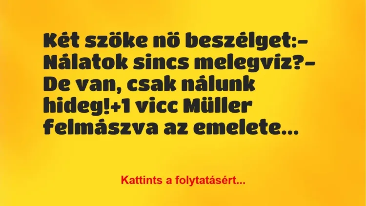 Vicc: Két szőke nő beszélget:
– Nálatok sincs melegvíz?
– De van,… Vicc: Két szőke nő beszélget:
– Nálatok sincs melegvíz?
– De van,…