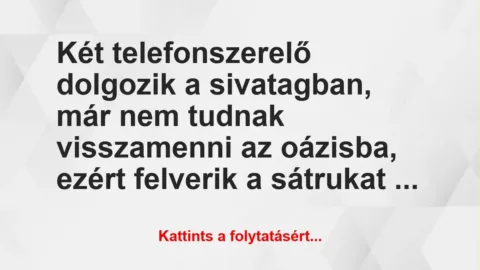 Vicc: Két telefonszerelő dolgozik a sivatagban, már nem tudnak … Vicc: Két telefonszerelő dolgozik a sivatagban, már nem tudnak …