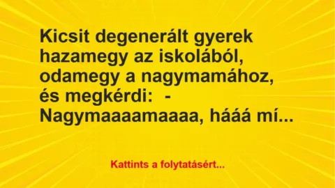 Vicc: Kicsit degenerált gyerek hazamegy az iskolából, odamegy a nagymamához,… Vicc: Kicsit degenerált gyerek hazamegy az iskolából, odamegy a nagymamához,…