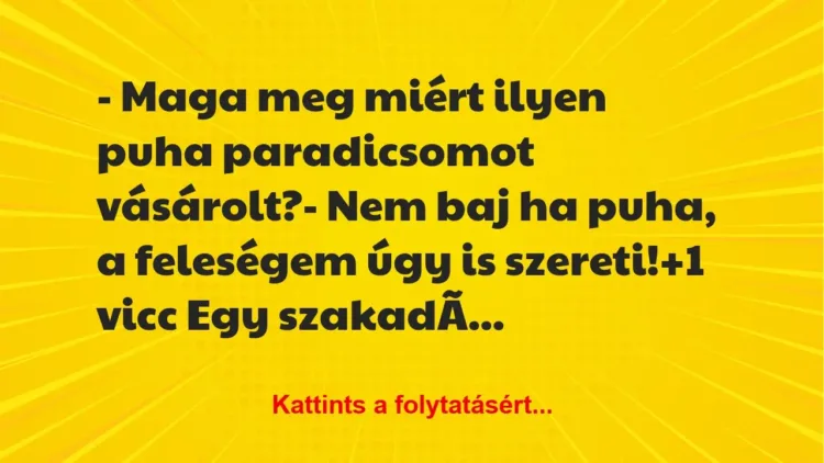 Vicc: – Maga meg miért ilyen puha paradicsomot vásárolt?
– Nem baj ha… Vicc: – Maga meg miért ilyen puha paradicsomot vásárolt?
– Nem baj ha…