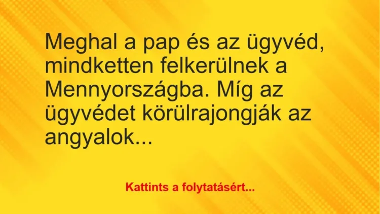 Vicc: Meghal a pap és az ügyvéd, mindketten felkerülnek a Mennyországba. Míg… Vicc: Meghal a pap és az ügyvéd, mindketten felkerülnek a Mennyországba. Míg…