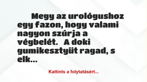 Vicc:
Megy az urológushoz egy fazon, hogy valami nagyon szúrja a … Vicc:
Megy az urológushoz egy fazon, hogy valami nagyon szúrja a …