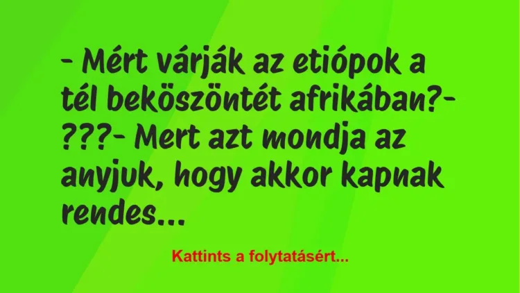 Vicc: – Mért várják az etiópok a tél beköszöntét afrikában?
-… Vicc: – Mért várják az etiópok a tél beköszöntét afrikában?
-…