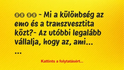 Vicc:
– Mi a különbség az emo és a transzvesztita… Vicc:
– Mi a különbség az emo és a transzvesztita…