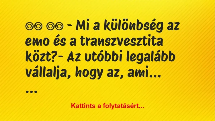 Vicc:
– Mi a különbség az emo és a transzvesztita… Vicc:
– Mi a különbség az emo és a transzvesztita…
