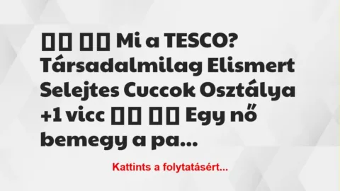 Vicc:
Mi a TESCO? Társadalmilag Elismert Selejtes… Vicc:
Mi a TESCO? Társadalmilag Elismert Selejtes…