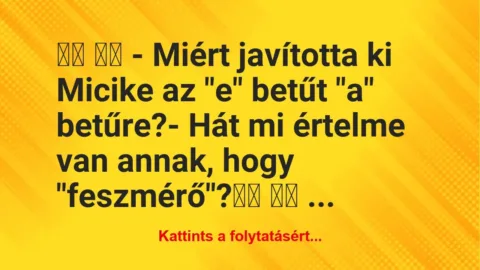 Vicc:
– Miért javította ki Micike az “e” betűt “a”… Vicc:
– Miért javította ki Micike az “e” betűt “a”…