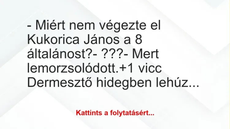 Vicc: – Miért nem végezte el Kukorica János a 8 általánost?
-… Vicc: – Miért nem végezte el Kukorica János a 8 általánost?
-…