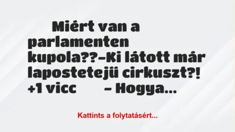 Vicc:
Miért van a parlamenten kupola??-Ki látott… Vicc:
Miért van a parlamenten kupola??-Ki látott…