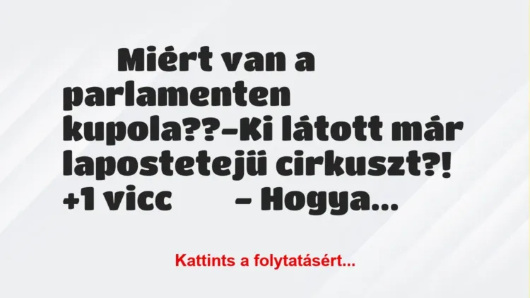 Vicc:
Miért van a parlamenten kupola??-Ki látott… Vicc:
Miért van a parlamenten kupola??-Ki látott…