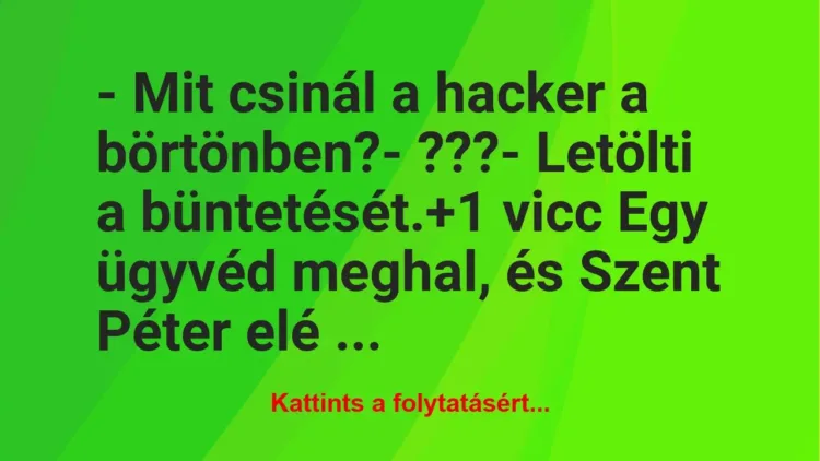 Vicc: – Mit csinál a hacker a börtönben?
– ???
– Letölti a… Vicc: – Mit csinál a hacker a börtönben?
– ???
– Letölti a…