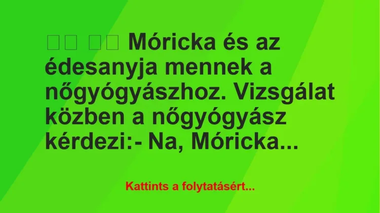 Vicc:
Móricka és az édesanyja mennek a nőgyógyászhoz…. Vicc:
Móricka és az édesanyja mennek a nőgyógyászhoz….