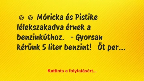 Vicc: 
	    	    Móricka és Pistike lélekszakadva érnek a…