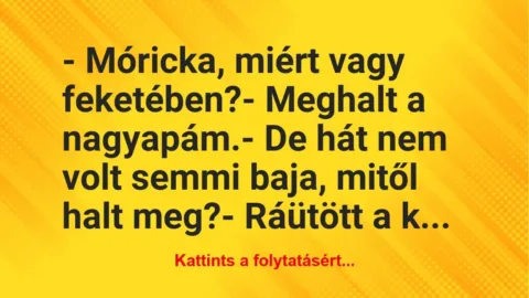 Vicc: – Móricka, miért vagy feketében?
– Meghalt a nagyapám.
– De… Vicc: – Móricka, miért vagy feketében?
– Meghalt a nagyapám.
– De…