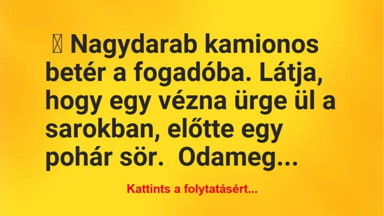 Vicc: Nagydarab kamionos betér a fogadóba. Látja, hogy egy vézna ürge ül a… Vicc: Nagydarab kamionos betér a fogadóba. Látja, hogy egy vézna ürge ül a…