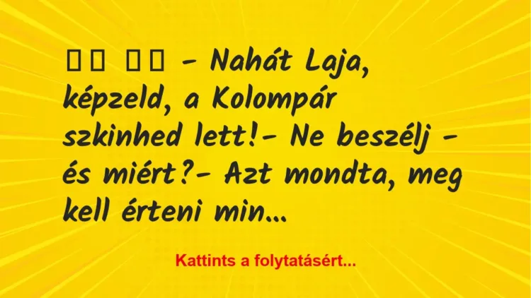 Vicc:
– Nahát Laja, képzeld, a Kolompár szkinhed… Vicc:
– Nahát Laja, képzeld, a Kolompár szkinhed…