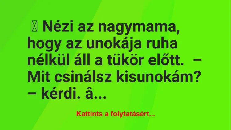Vicc: Nézi az nagymama, hogy az unokája ruha nélkül áll a tükör előtt Vicc: Nézi az nagymama, hogy az unokája ruha nélkül áll a tükör előtt