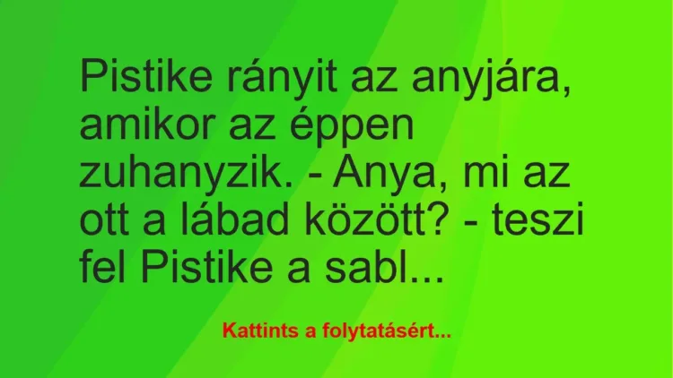 Vicc: Pistike rányit az anyjára, amikor az éppen zuhanyzik.
– Anya, mi… Vicc: Pistike rányit az anyjára, amikor az éppen zuhanyzik.
– Anya, mi…