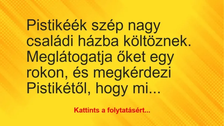 Vicc: Pistikéék szép nagy családi házba költöznek. Meglátogatja őket egy… Vicc: Pistikéék szép nagy családi házba költöznek. Meglátogatja őket egy…
