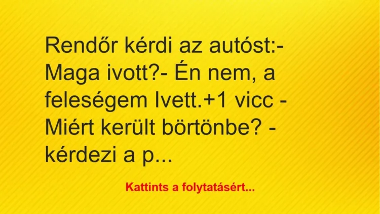 Vicc: Rendőr kérdi az autóst:
– Maga ivott?
– Én nem, a feleségem… Vicc: Rendőr kérdi az autóst:
– Maga ivott?
– Én nem, a feleségem…