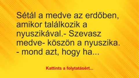 Vicc: Sétál a medve az erdőben, amikor találkozik a nyuszikával.
-… Vicc: Sétál a medve az erdőben, amikor találkozik a nyuszikával.
-…