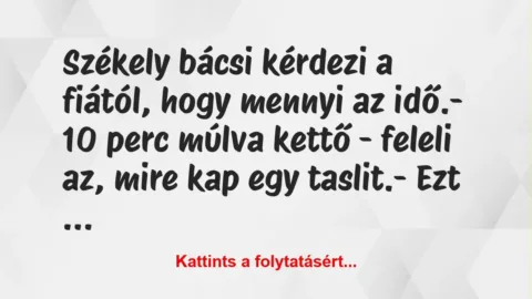 Vicc: Székely bácsi kérdezi a fiától, hogy mennyi az idő.
– 10 perc… Vicc: Székely bácsi kérdezi a fiától, hogy mennyi az idő.
– 10 perc…