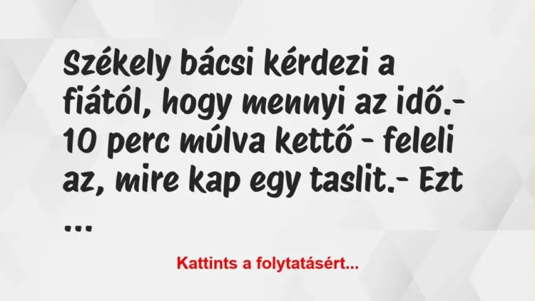 Vicc: Székely bácsi kérdezi a fiától, hogy mennyi az idő.
– 10 perc… Vicc: Székely bácsi kérdezi a fiától, hogy mennyi az idő.
– 10 perc…