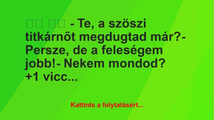 Vicc:
– Te, a szöszi titkárnőt megdugtad már?-… Vicc:
– Te, a szöszi titkárnőt megdugtad már?-…