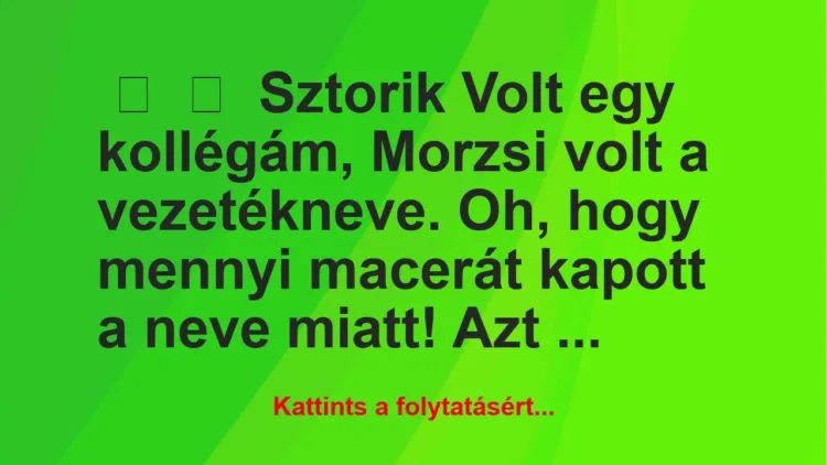 Vicces történet:
Sztorik
Volt egy kollégám, Morzsi volt a… Vicces történet:
Sztorik
Volt egy kollégám, Morzsi volt a…