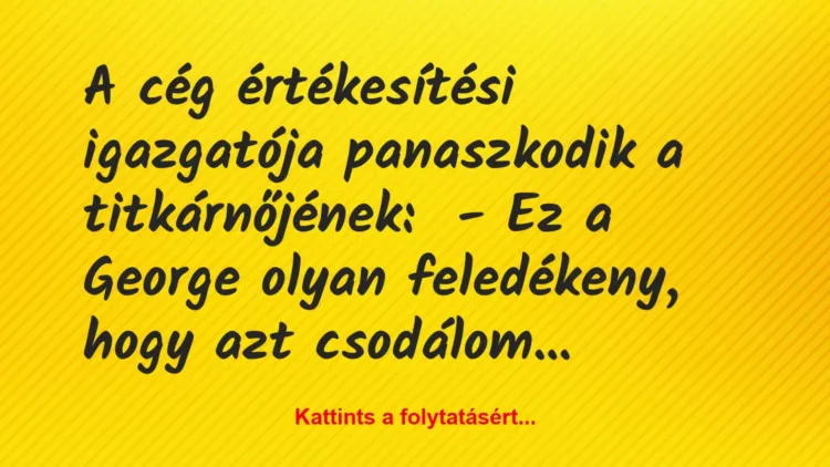Vicc: A cég értékesítési igazgatója panaszkodik a titkárnőjének:
– Ez a… Vicc: A cég értékesítési igazgatója panaszkodik a titkárnőjének:
– Ez a…