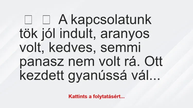 Vicc:
A kapcsolatunk tök jól indult, aranyos volt, kedves, semmi … Vicc:
A kapcsolatunk tök jól indult, aranyos volt, kedves, semmi …