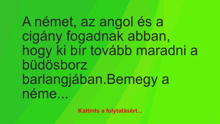 Vicc: A német, az angol és a cigány fogadnak abban, hogy ki bír tovább… Vicc: A német, az angol és a cigány fogadnak abban, hogy ki bír tovább…
