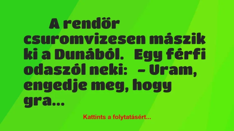 Vicc:
A rendőr csuromvizesen mászik ki a Dunából.
Egy… Vicc:
A rendőr csuromvizesen mászik ki a Dunából.
Egy…