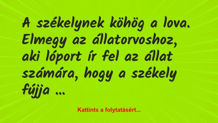 Vicc: A székelynek köhög a lova. Elmegy az állatorvoshoz, aki lóport ír fel… Vicc: A székelynek köhög a lova. Elmegy az állatorvoshoz, aki lóport ír fel…