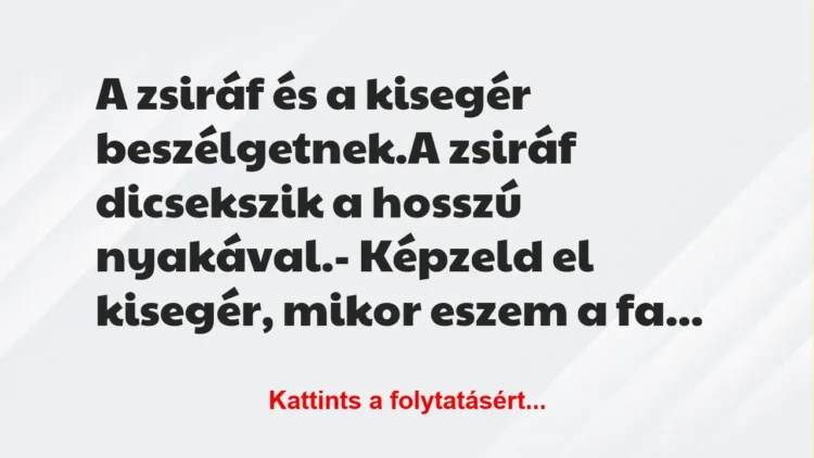 Vicc: A zsiráf és a kisegér beszélgetnek.
A zsiráf dicsekszik a hosszú… Vicc: A zsiráf és a kisegér beszélgetnek.
A zsiráf dicsekszik a hosszú…