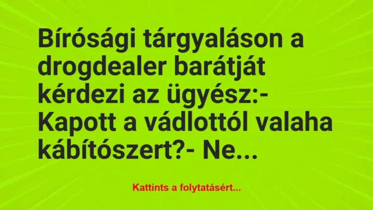 Vicc: Bírósági tárgyaláson a drogdealer barátját kérdezi az ügyész:
-… Vicc: Bírósági tárgyaláson a drogdealer barátját kérdezi az ügyész:
-…