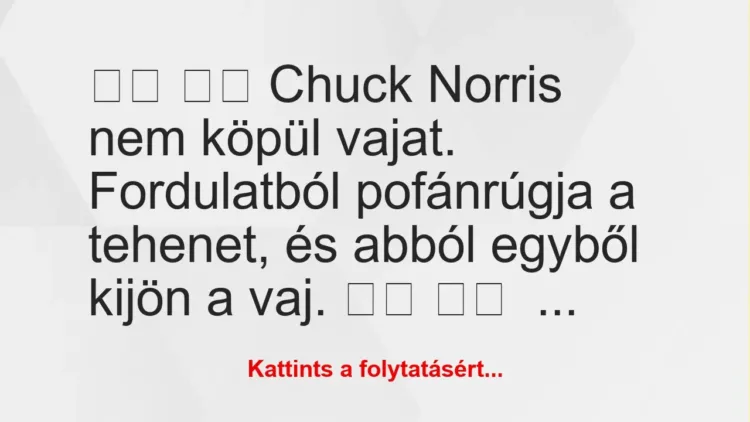 Vicc:
Chuck Norris nem köpül vajat. Fordulatból… Vicc:
Chuck Norris nem köpül vajat. Fordulatból…