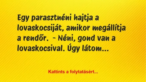 Vicc: Egy parasztnéni hajtja a lovaskocsiját, amikor megállítja a…